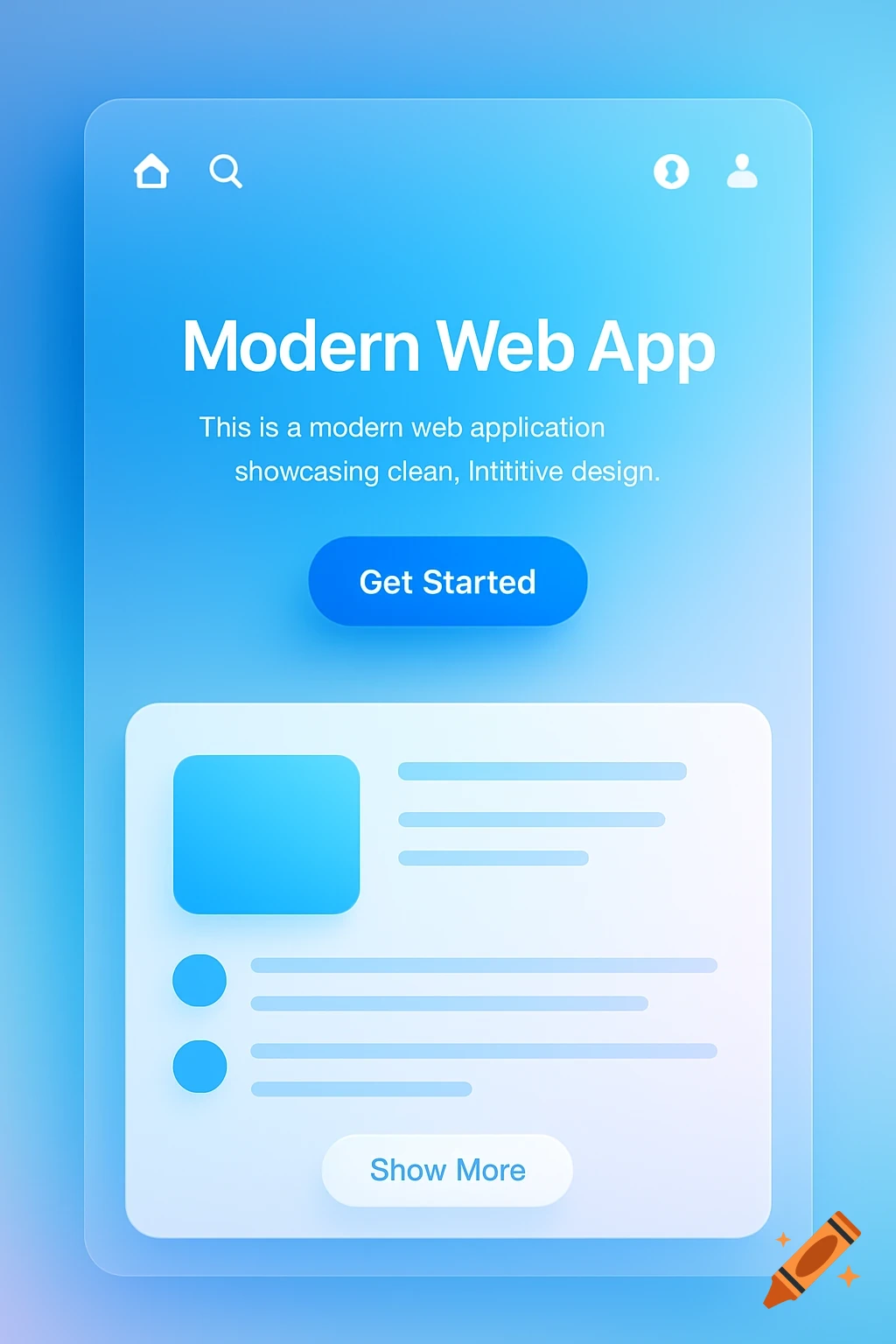 Modern web app UI design mockup with gradient blue background and frosted glass effect panels, displaying 'Modern Web App' title and 'Get Started' button.