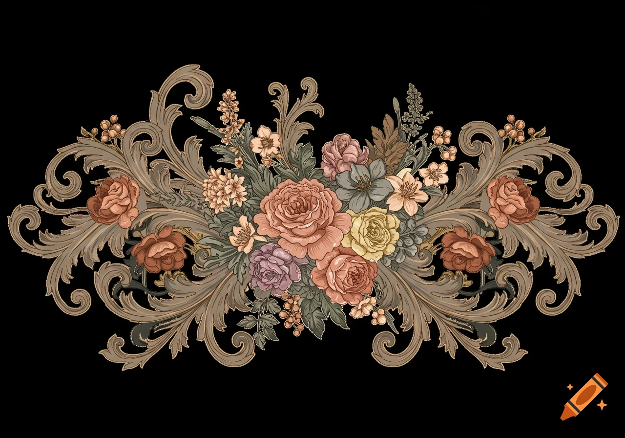 An intricate baroque-style floral flourish featuring roses and other blossoms in warm and cool tones, on a black background.