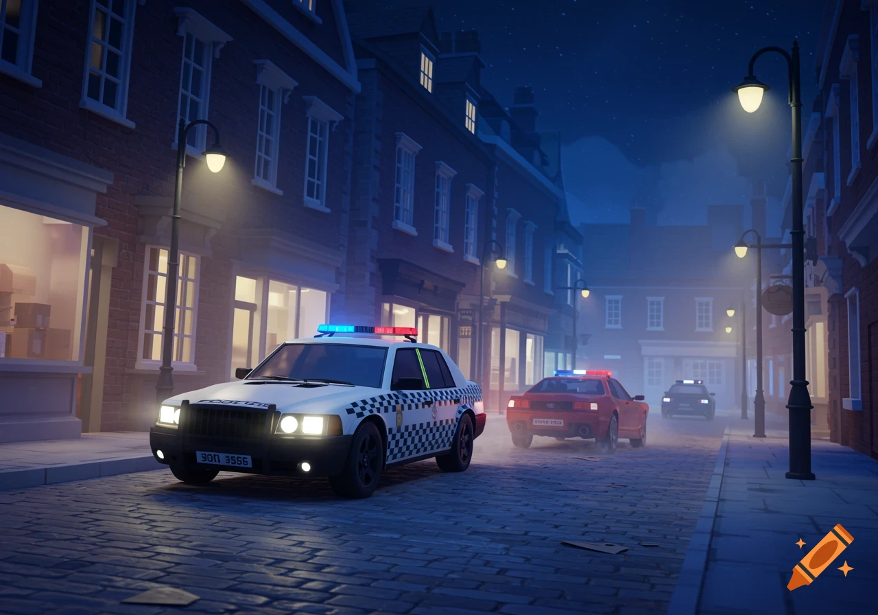 A stylized, Roblox-like image of a white UK police car chasing a red car down a cobblestone street at night in a UK town.
