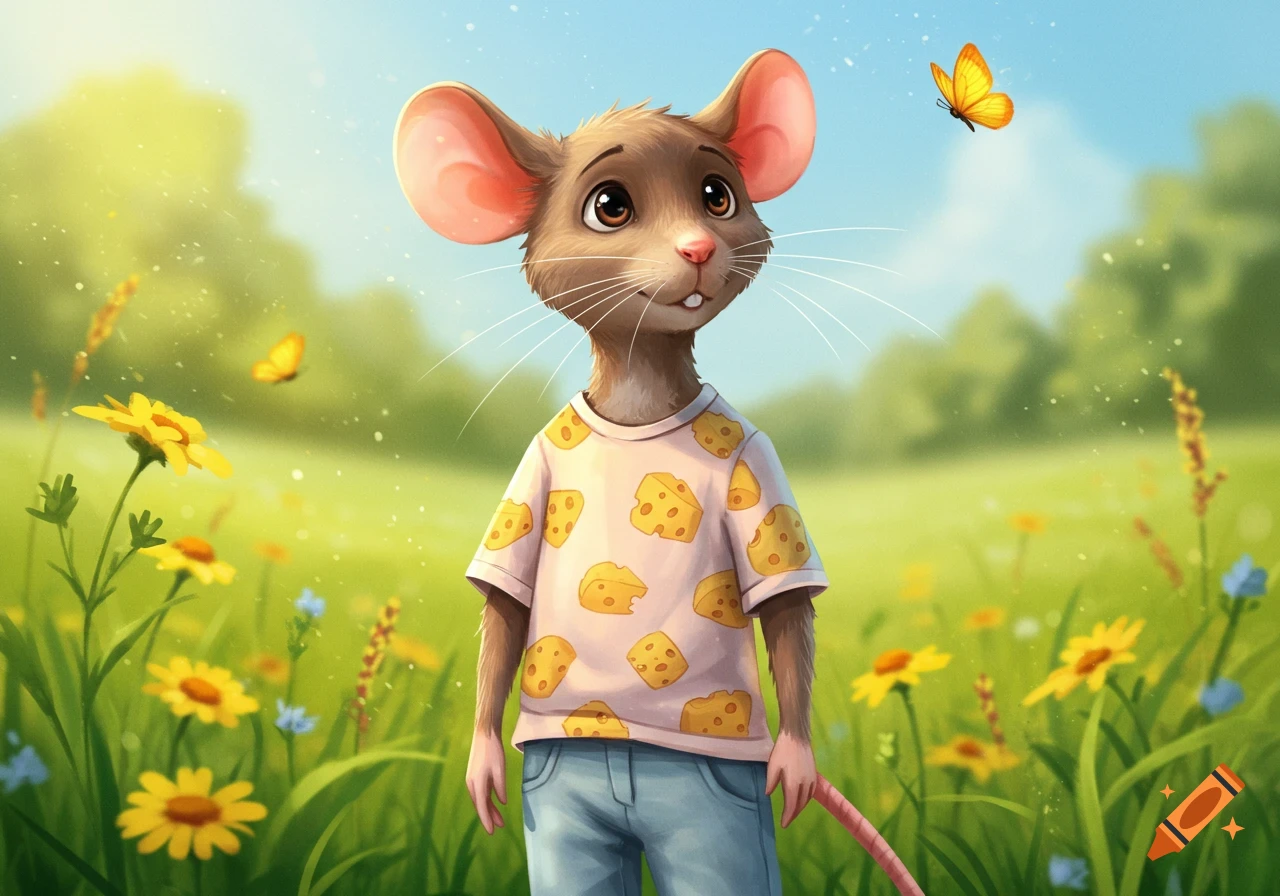 A cute cartoon mouse in a pink cheese-patterned shirt and jeans stands in a sunny green meadow with yellow flowers and a butterfly.