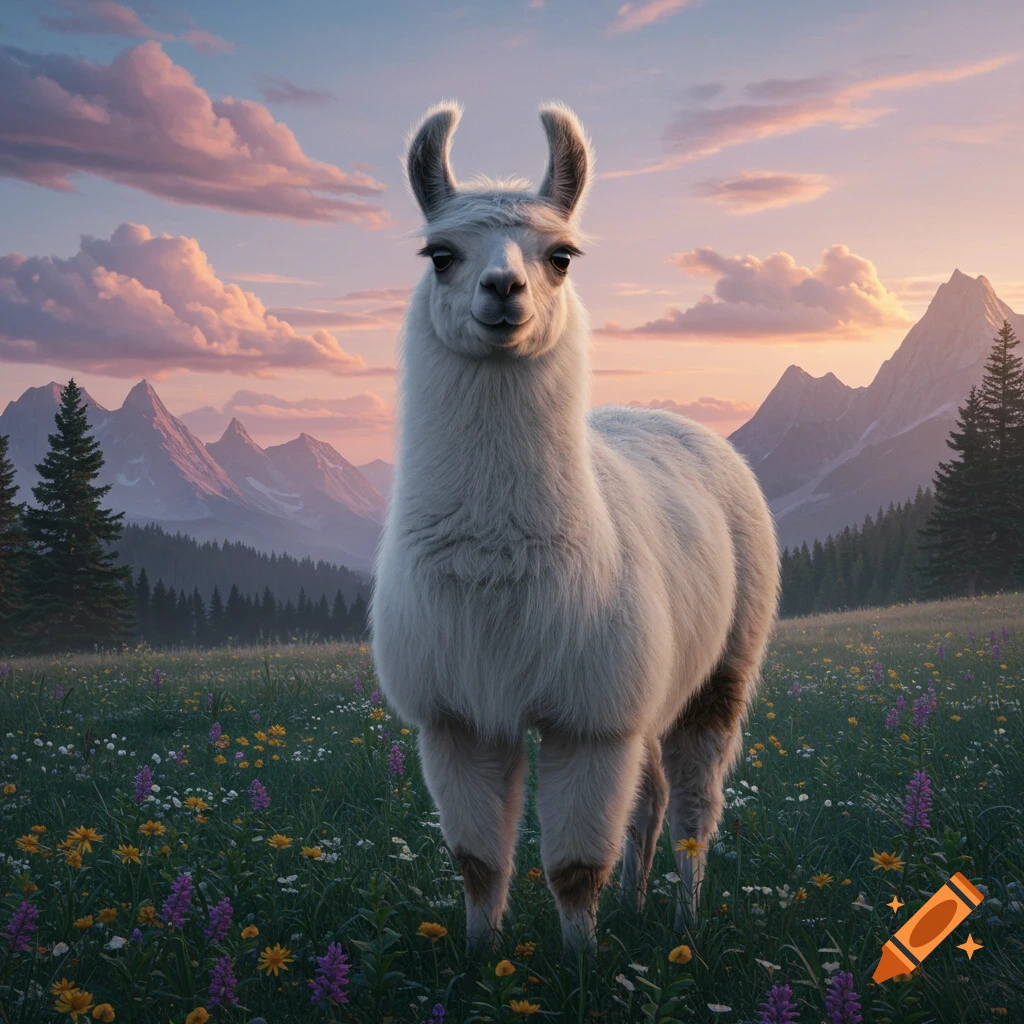 A fluffy white llama stands in a field of colorful wildflowers at sunset, with mountains and pine trees in the background.