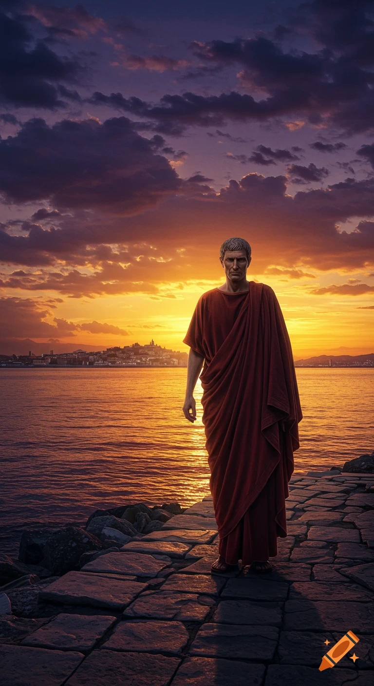 A painting of a man in ancient Roman robes standing by the sea at sunset with a coastal city in the distance.