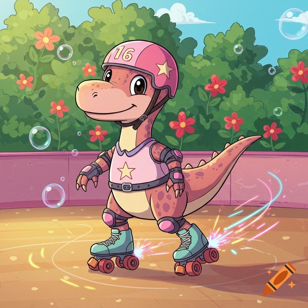 A friendly cartoon raptor wearing a pink helmet with the number 16, and roller skates, glides on an outdoor rink surrounded by green bushes and red flowers, with bubbles floating around.