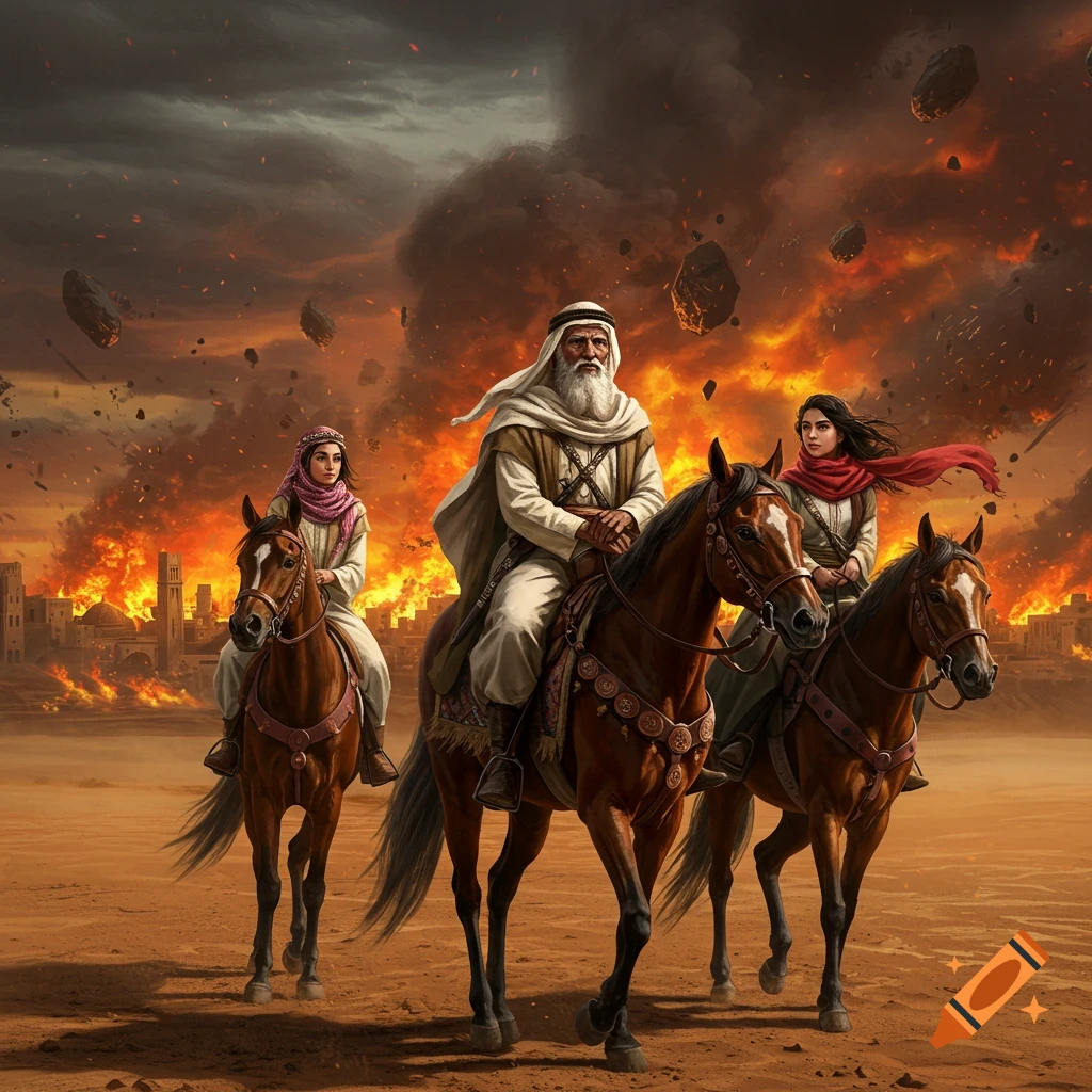 Illustrative scene of a man and two women on horseback in a desert, with a city ablaze and rocks falling from the sky in the background.