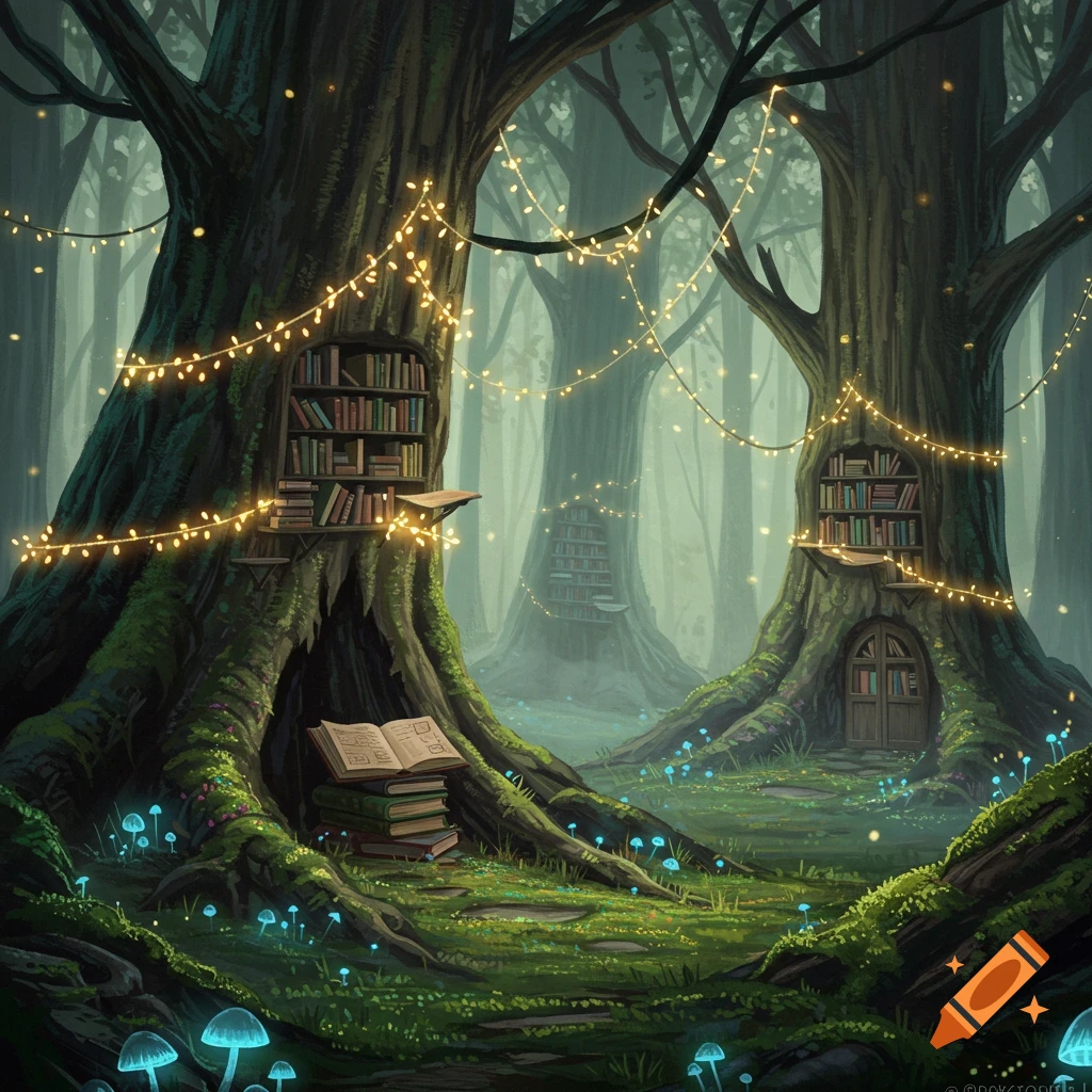A whimsical fantasy forest scene with large trees having built-in bookshelves and glowing fairy lights strung between them. Blue bioluminescent mushrooms dot the mossy ground, and an open book rests on a stack of books by a tree trunk.