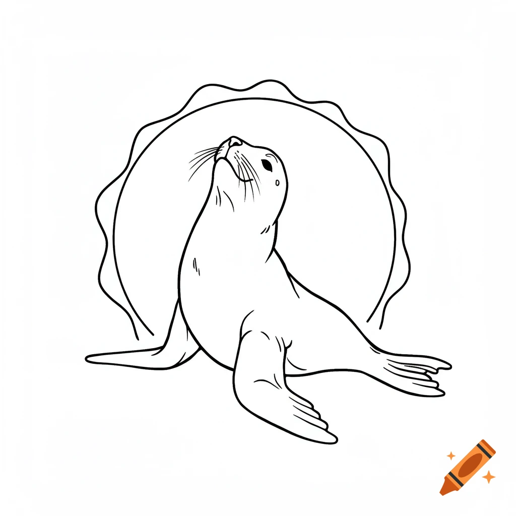 A simple line drawing of a seal looking up, with a wavy circular border behind it, on a white background.