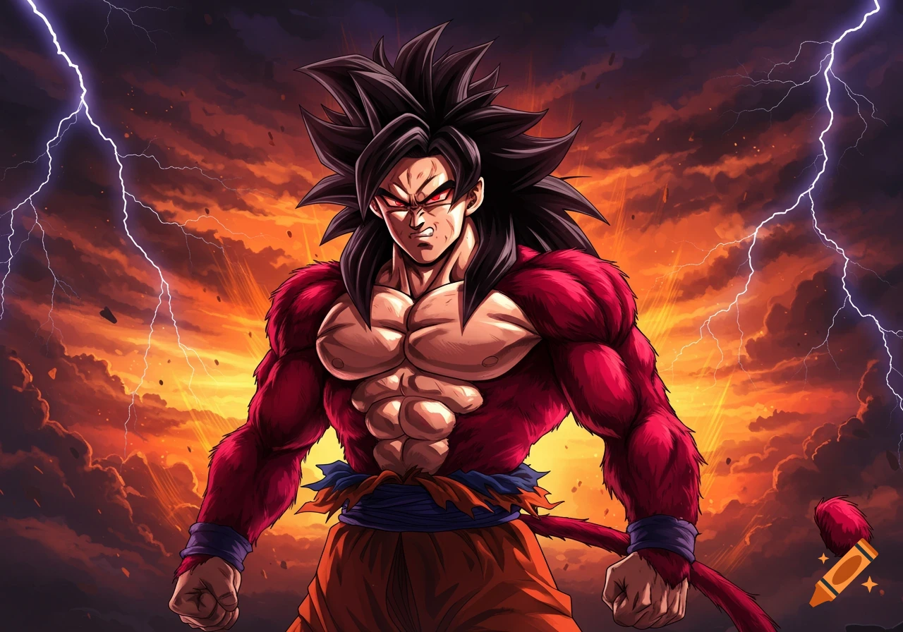 Goku in his Super Saiyan 4 form, a muscular warrior with red fur and black spiky hair, stands against a stormy orange sky with lightning.