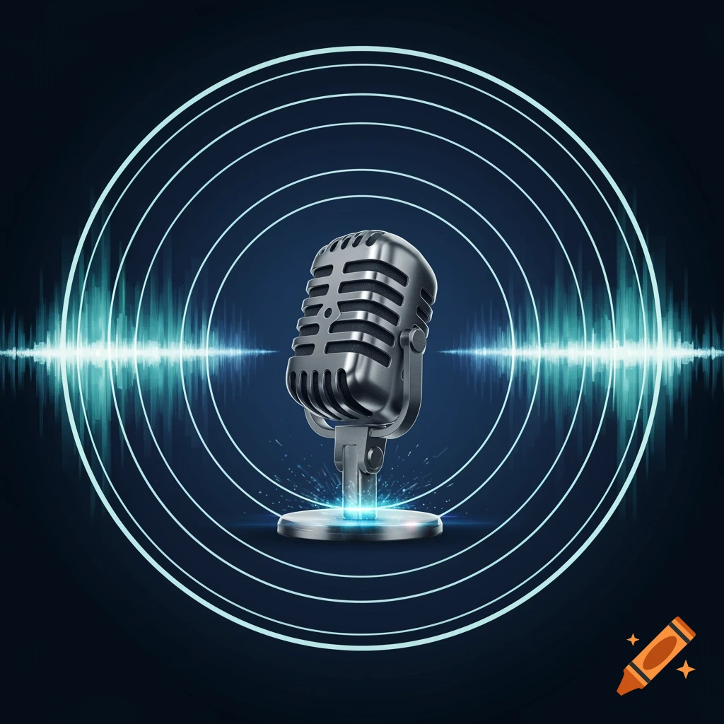 Vintage silver microphone with concentric sound waves and a glowing blue waveform on a dark background.