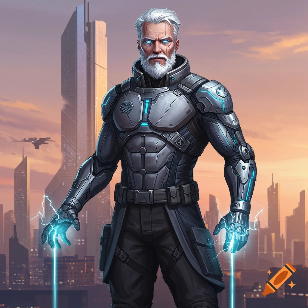 An armored man with white hair and beard, glowing blue eyes, and electricity from his hands stands in a futuristic city at sunset.