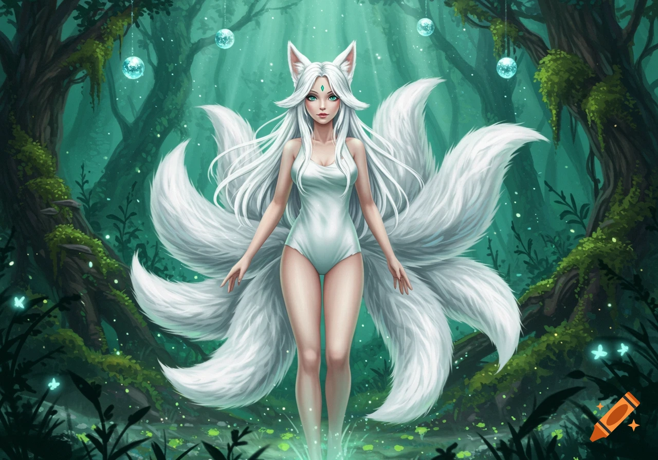 A kitsune woman with long white hair and nine fluffy tails stands in an ethereal glowing forest.