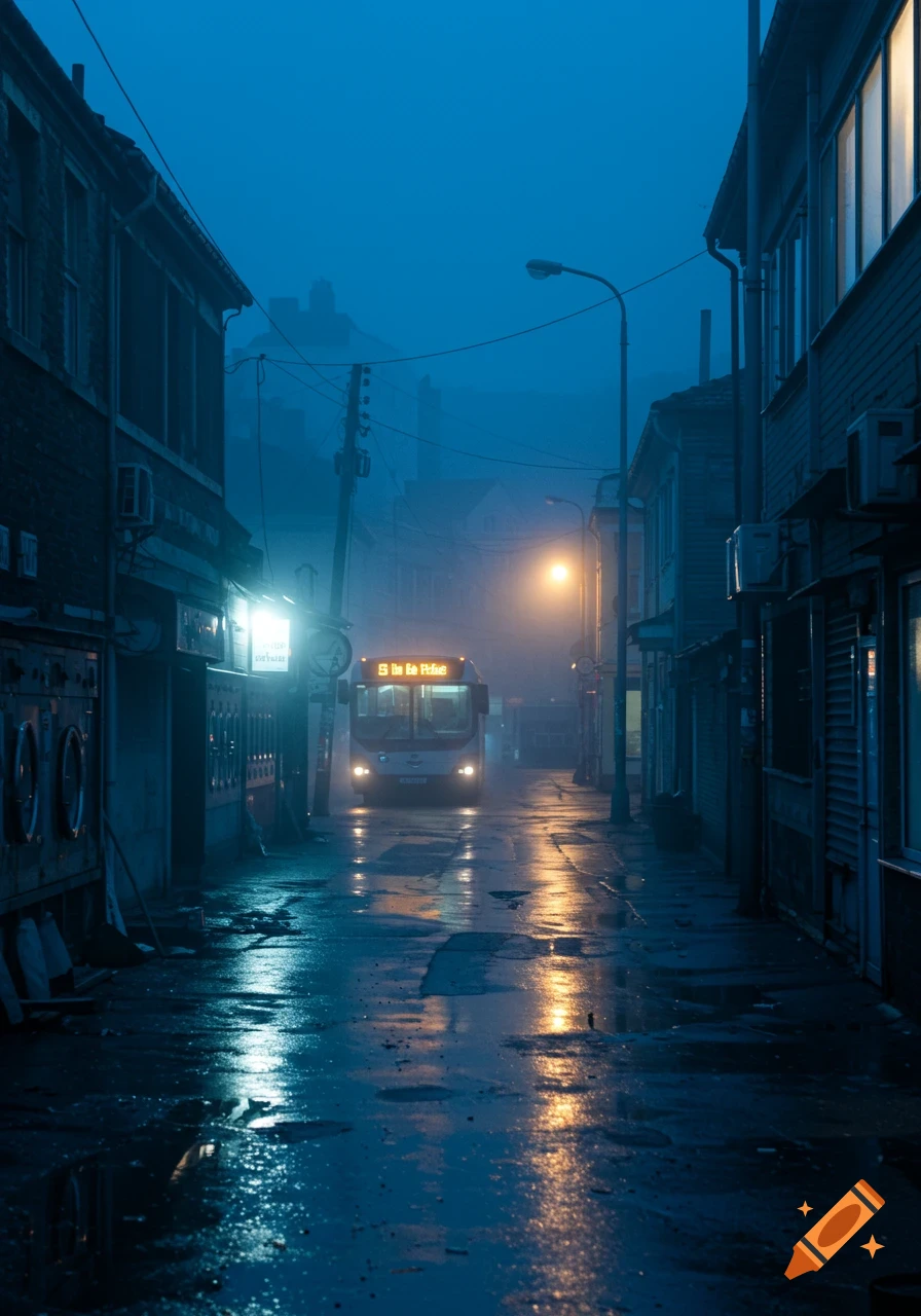 A bus with its headlights on drives down a dark, wet street at dusk or night, reflecting light from streetlamps and buildings in the water, in a moody, photorealistic style.