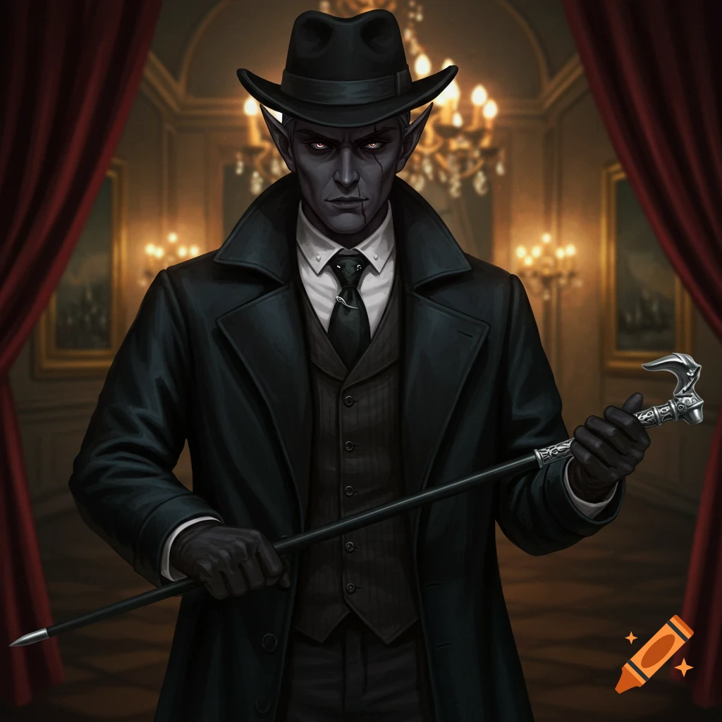 A menacing dark elf in a black suit, trench coat, and fedora stands holding a cane in a dimly lit room.