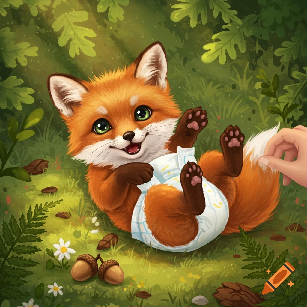 A cute baby fox wearing a diaper lies on its back in a green forest, with a human hand gently touching its fluffy tail. It has large green eyes and a happy expression.