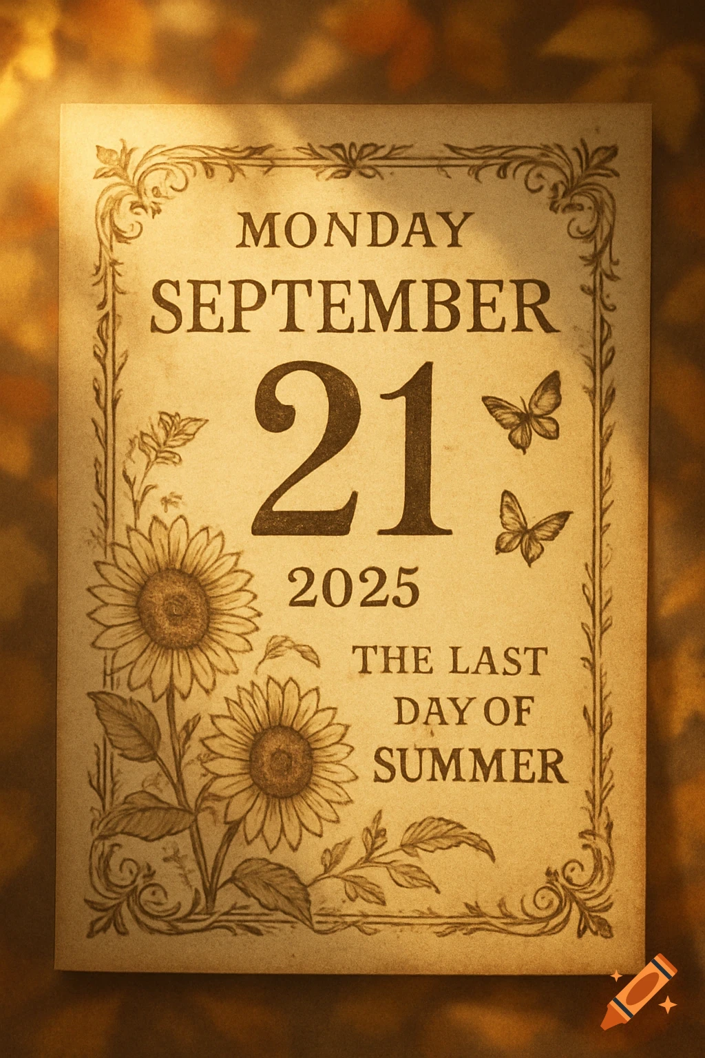 Vintage-style calendar page showing Monday, September 21, 2025, as the last day of summer, with sunflowers and butterflies.