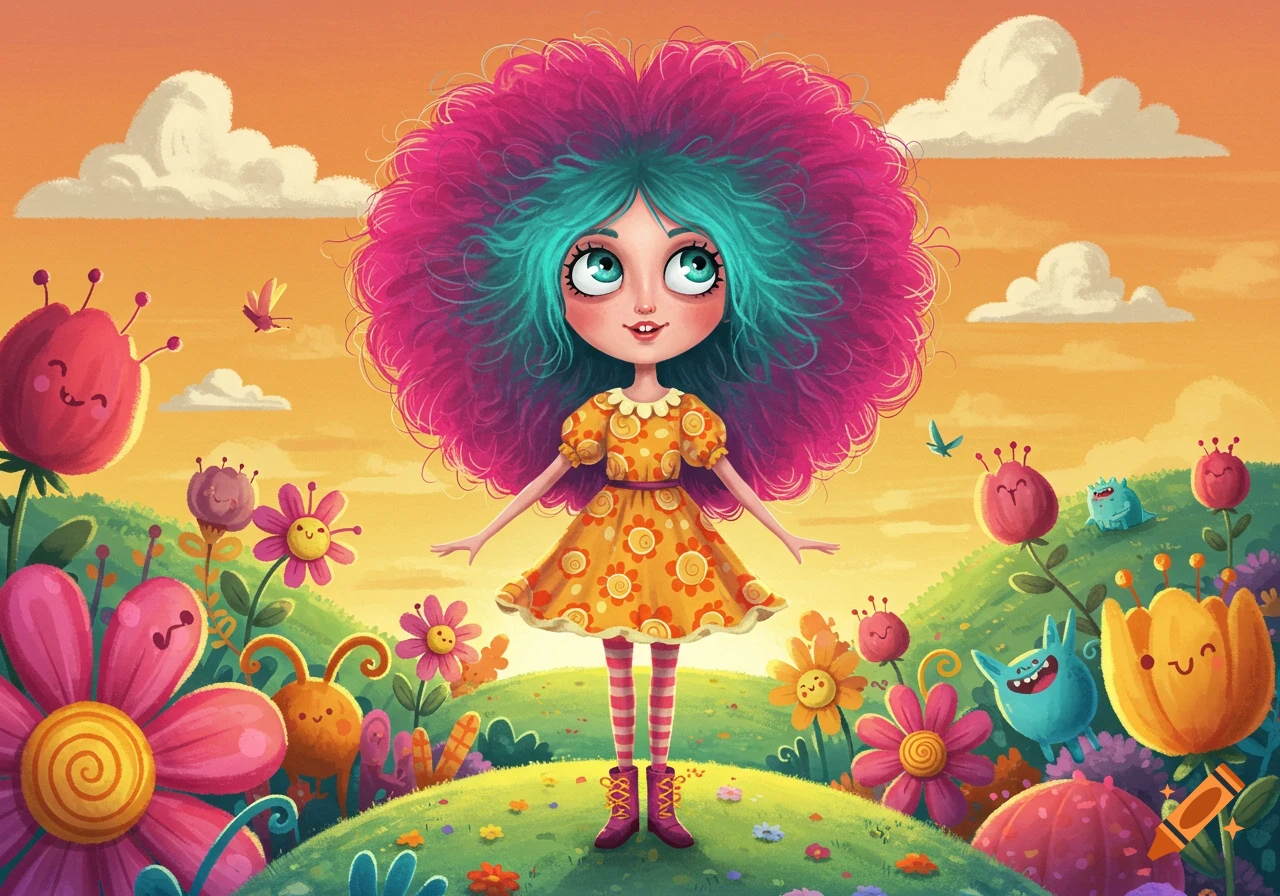 A cartoon girl with large, fluffy pink and teal hair, wearing a yellow polka dot dress, stands in a vibrant, whimsical landscape filled with smiling flowers and small, colorful creatures under an orange sky.
