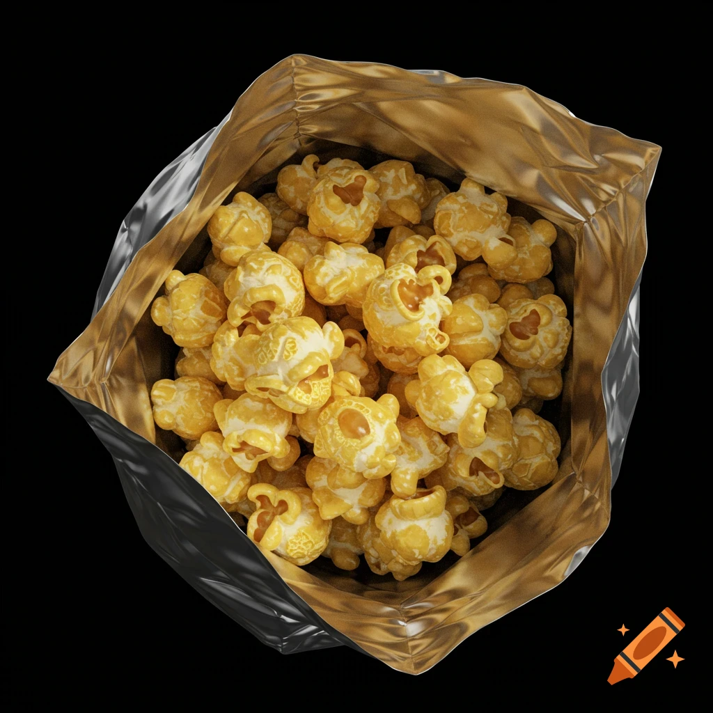 Top-down view of golden caramel popcorn filling a black and gold foil bag against a dark background.