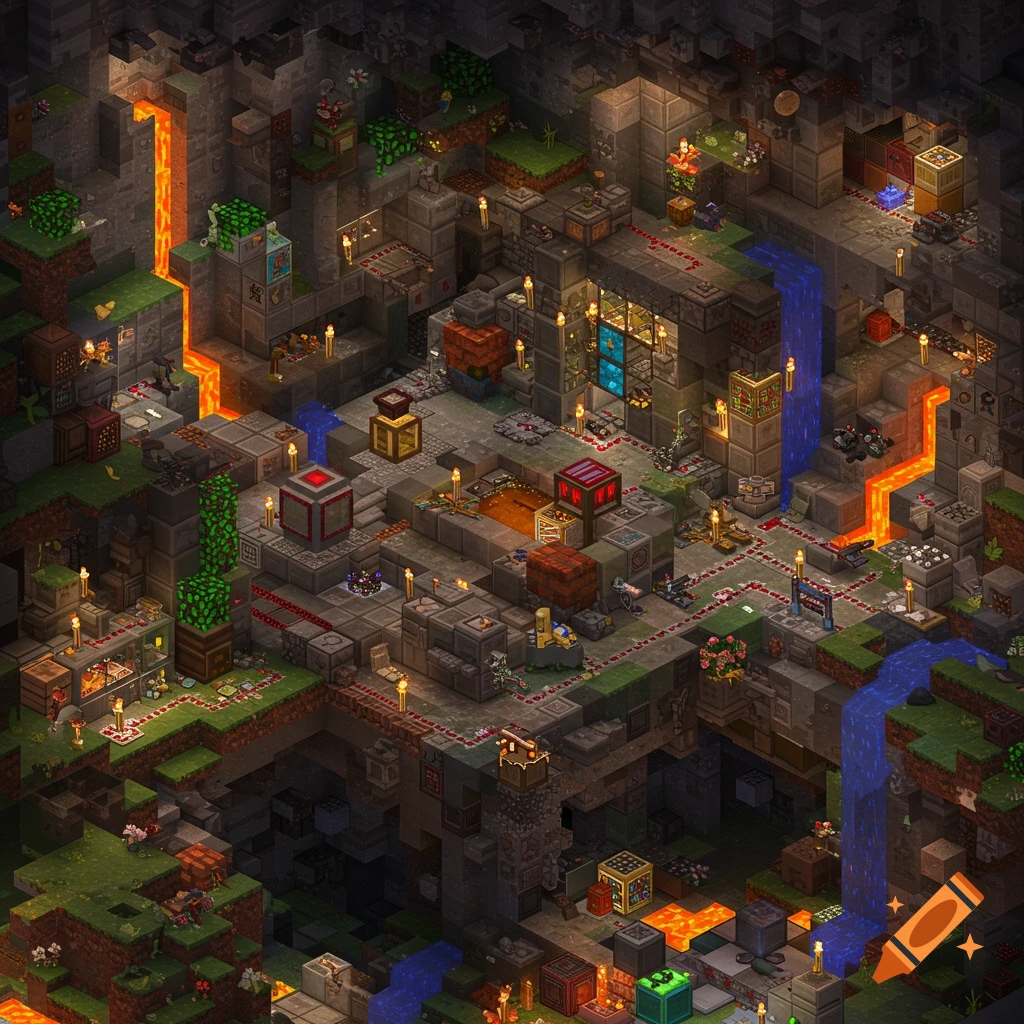 Isometric view of a complex Minecraft-style underground base with lava, water, redstone, and various block structures.