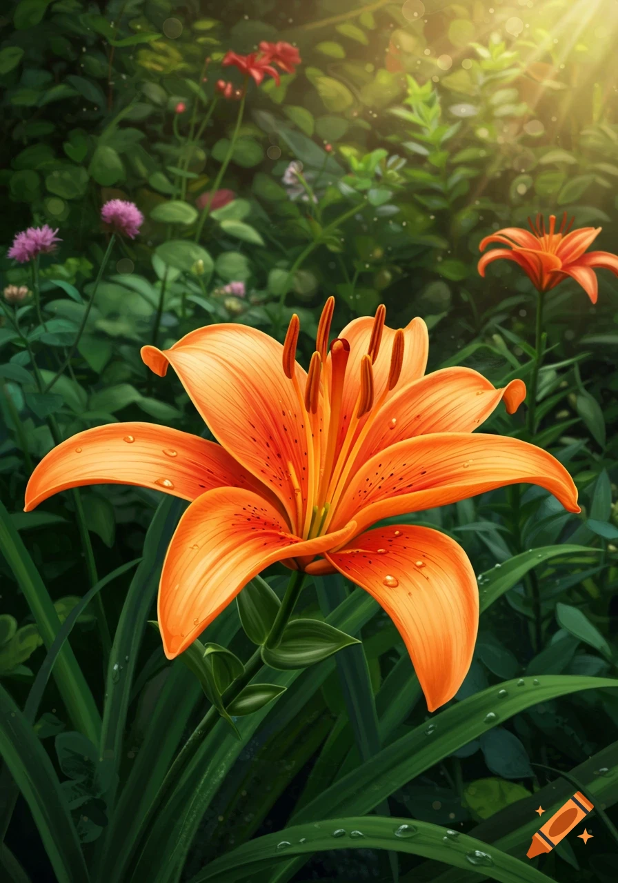 A vibrant orange lily with water droplets, surrounded by lush green foliage in a sunlit garden, in an illustrative style.