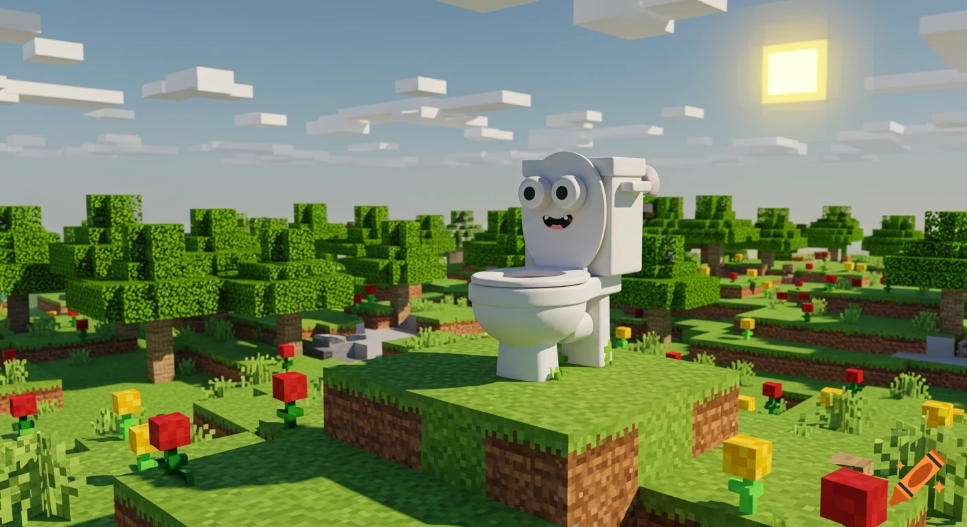 A smiling cartoon toilet with eyes stands on a grass block in a bright, blocky Minecraft world with trees and flowers.