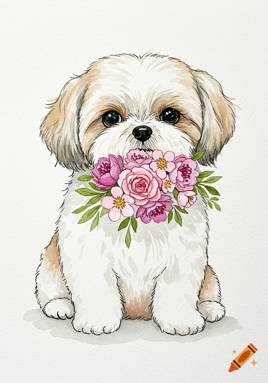 A cute watercolor illustration of a Shih Tzu dog with white and tan fur, sitting and holding a bouquet of pink and purple flowers in its mouth on a white background.