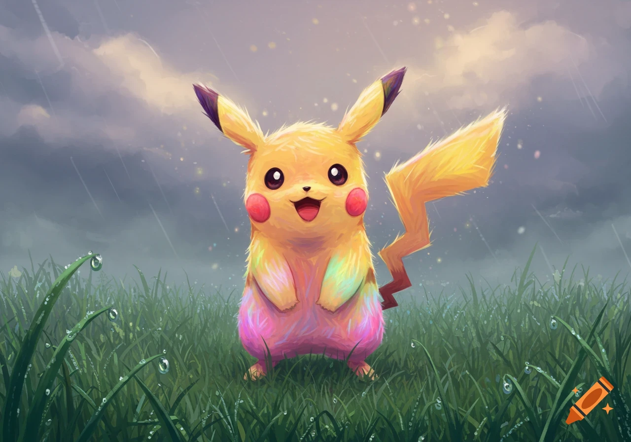 A rainbow-colored Pikachu stands in wet green grass under a rainy, cloudy sky.