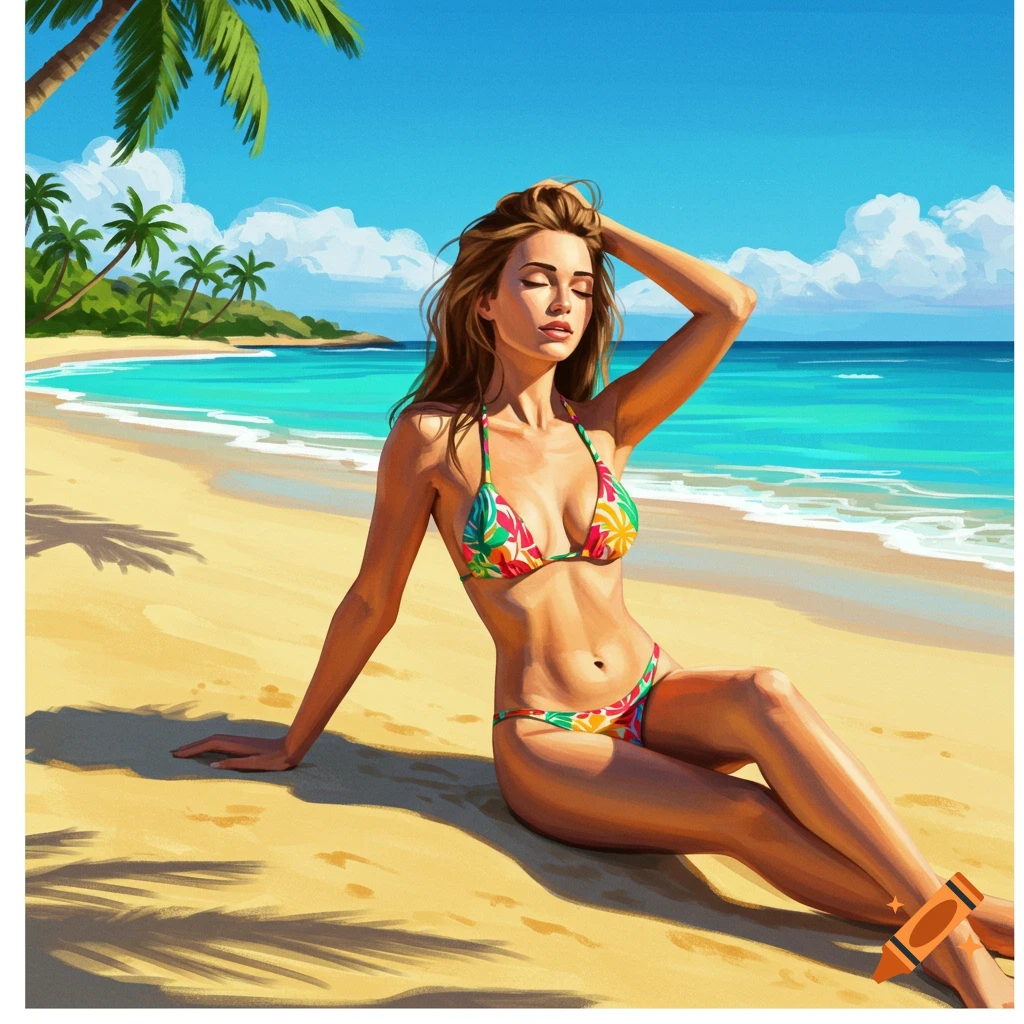 A woman in a colorful bikini sits on a sunny beach with palm trees and turquoise water in a vibrant, stylized illustration.