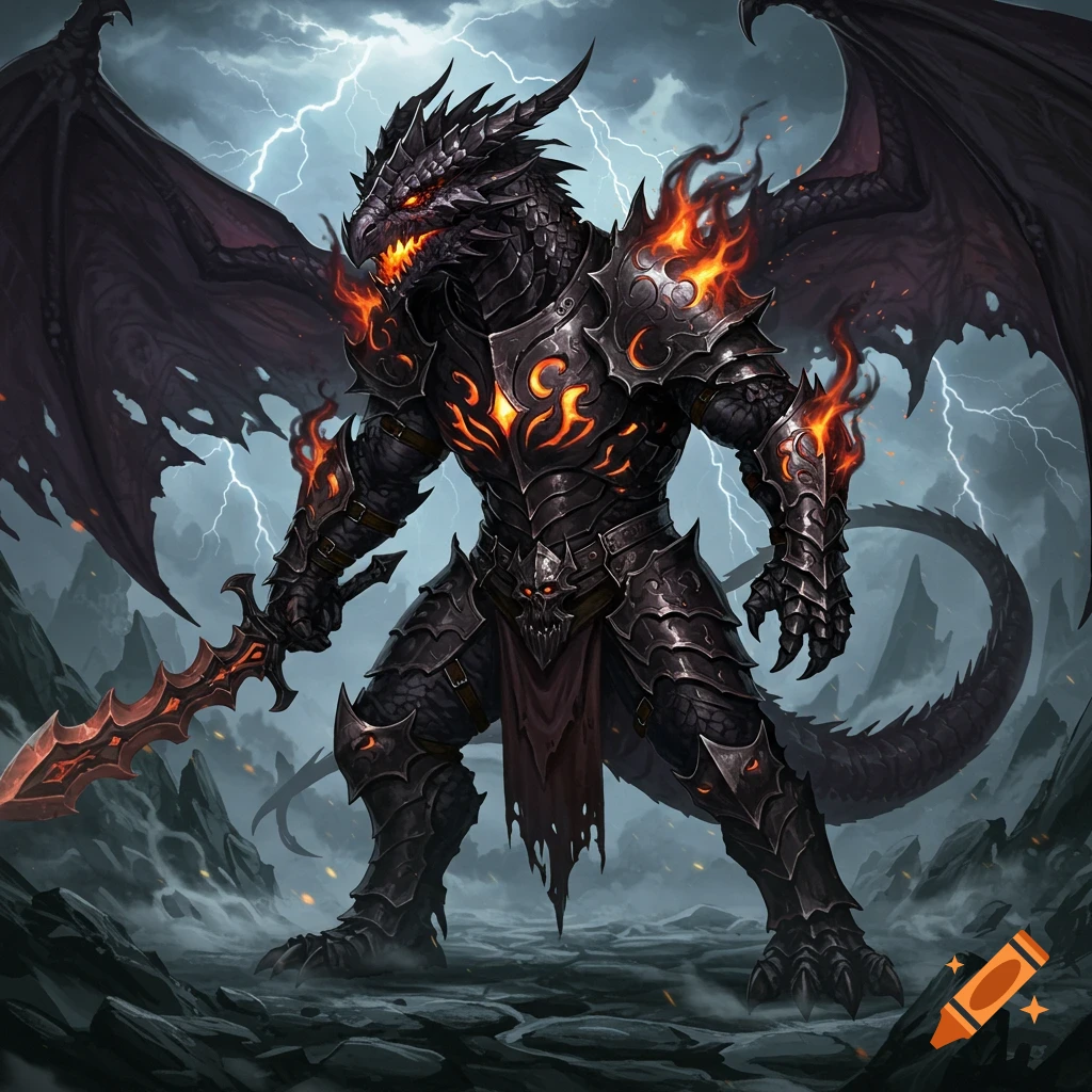 A formidable black dragon warrior in heavy armored suit with glowing orange accents, holding a fiery sword against a stormy, lightning-filled sky.