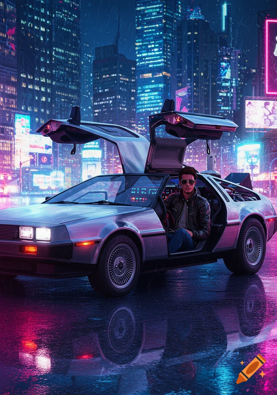 A man in a leather jacket and sunglasses sits in a silver DeLorean with its gull-wing doors open, parked on a wet street in a vibrant neon-lit cyberpunk city at night.