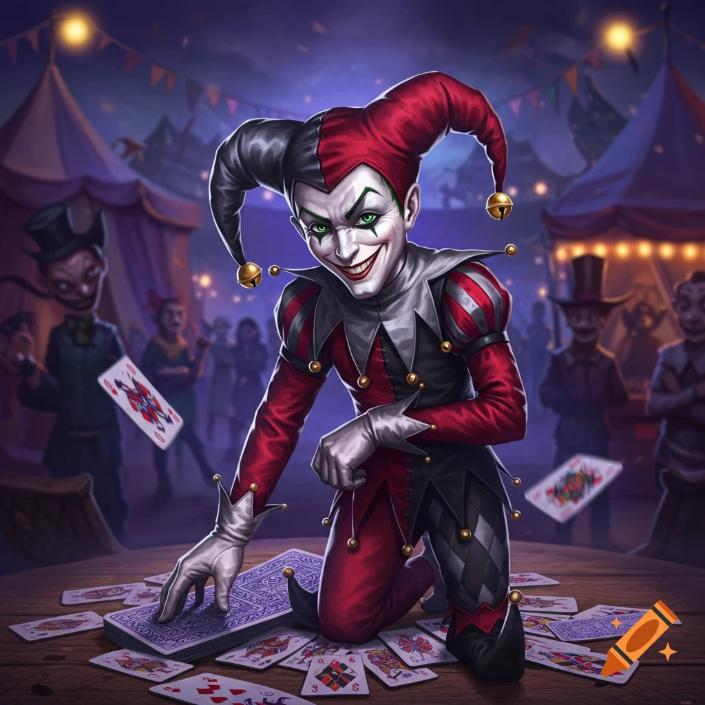 A grinning jester with green eyes and a red and black costume kneels among scattered playing cards in a dark, carnival-like setting.