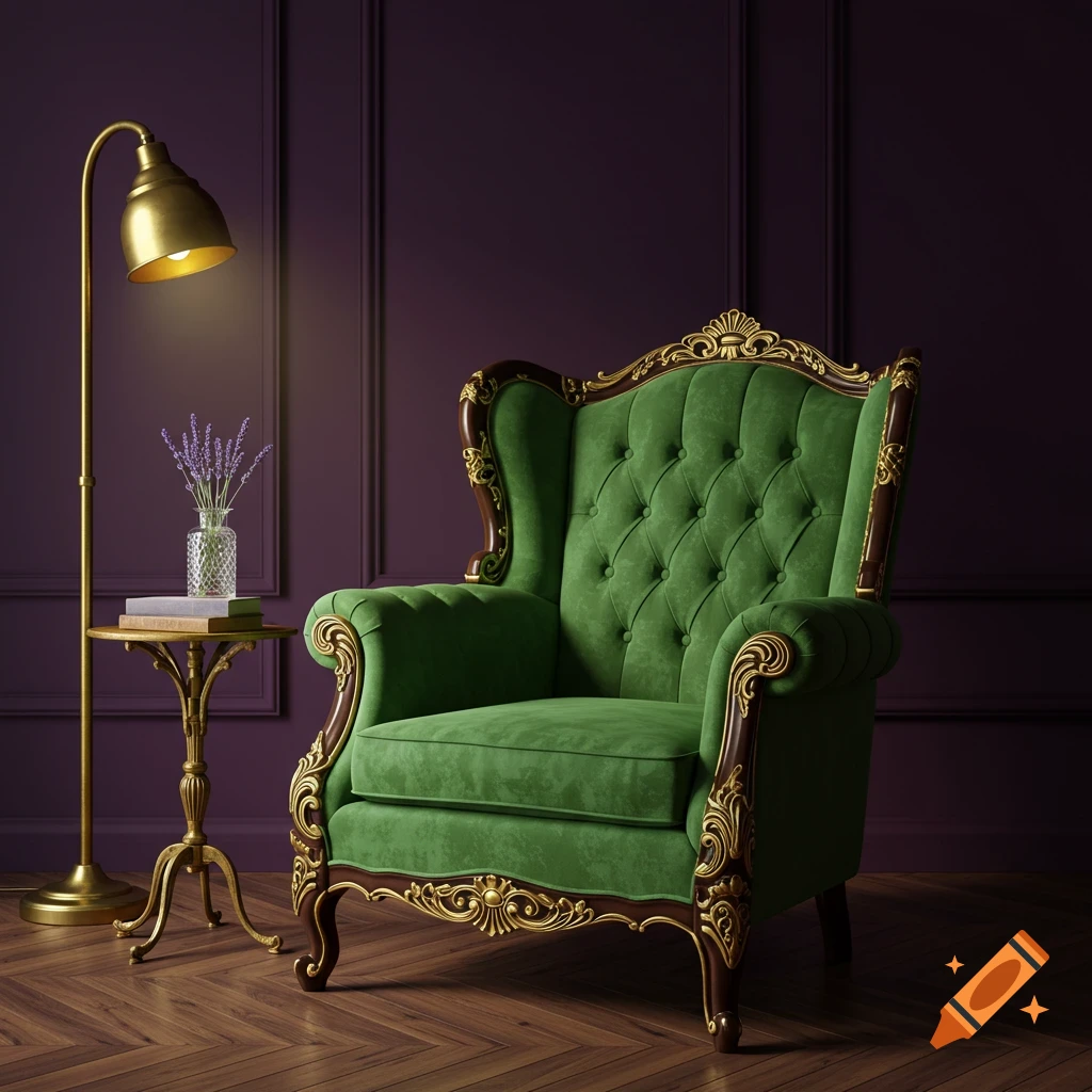 A photorealistic image of a luxurious green velvet armchair with gold trim next to a lit brass floor lamp and small table with lavender flowers, set against a dark purple wall.