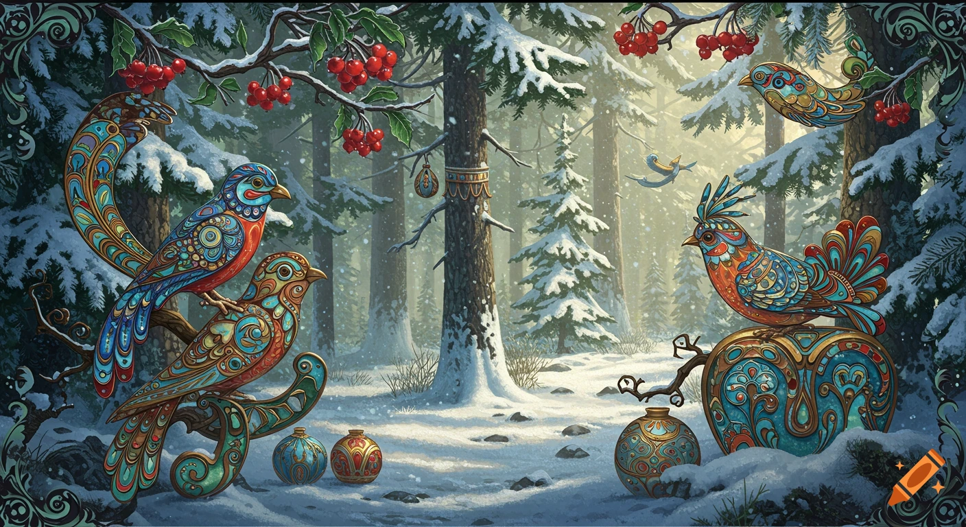 Ornate, colorful birds in a snowy winter forest with red berries and decorative ornaments in a fairytale art style.