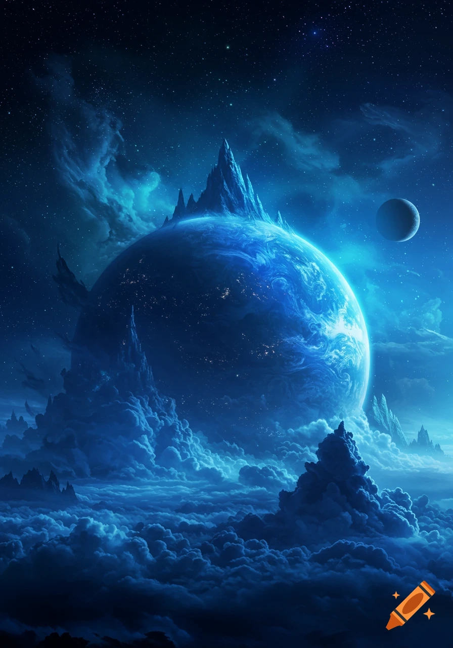 A blue fantasy planet with sharp peaks, surrounded by swirling blue clouds and a starry space, with a distant moon.