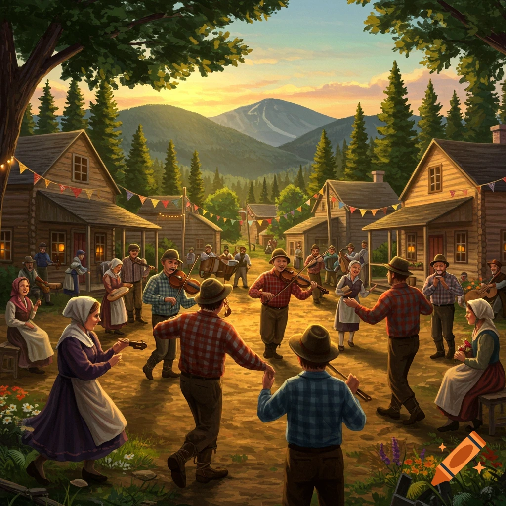A vibrant folk celebration in a rustic village at sunset, with people dancing and playing traditional music. Log cabins and mountains are in the background.
