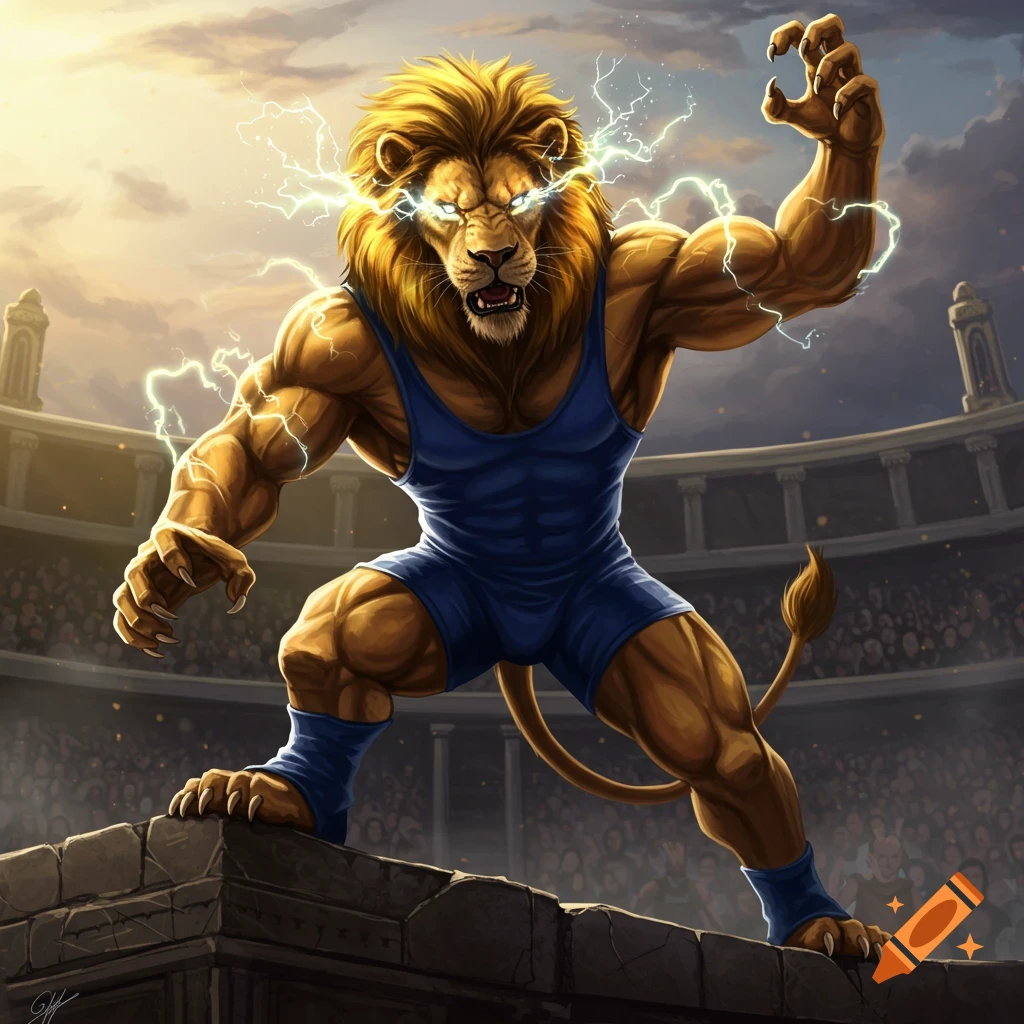 A buff anthropomorphic lion in a blue wrestling singlet, glowing eyes and lightning, stands powerfully on a stone platform in a large arena.