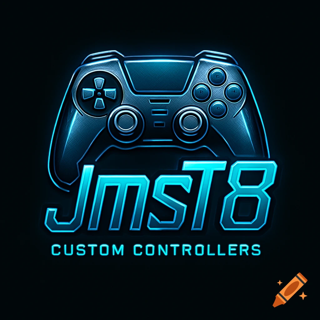 A neon blue and metallic video game controller logo with the text JmsT8 CUSTOM CONTROLLERS.