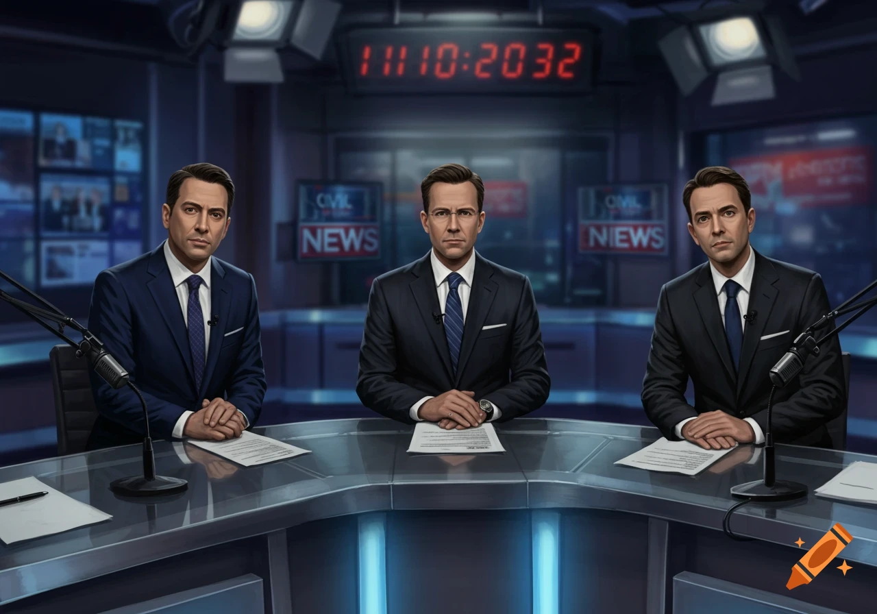 Three male news anchors in suits sit behind a desk in a dark news studio, with screens and a digital clock in the background.
