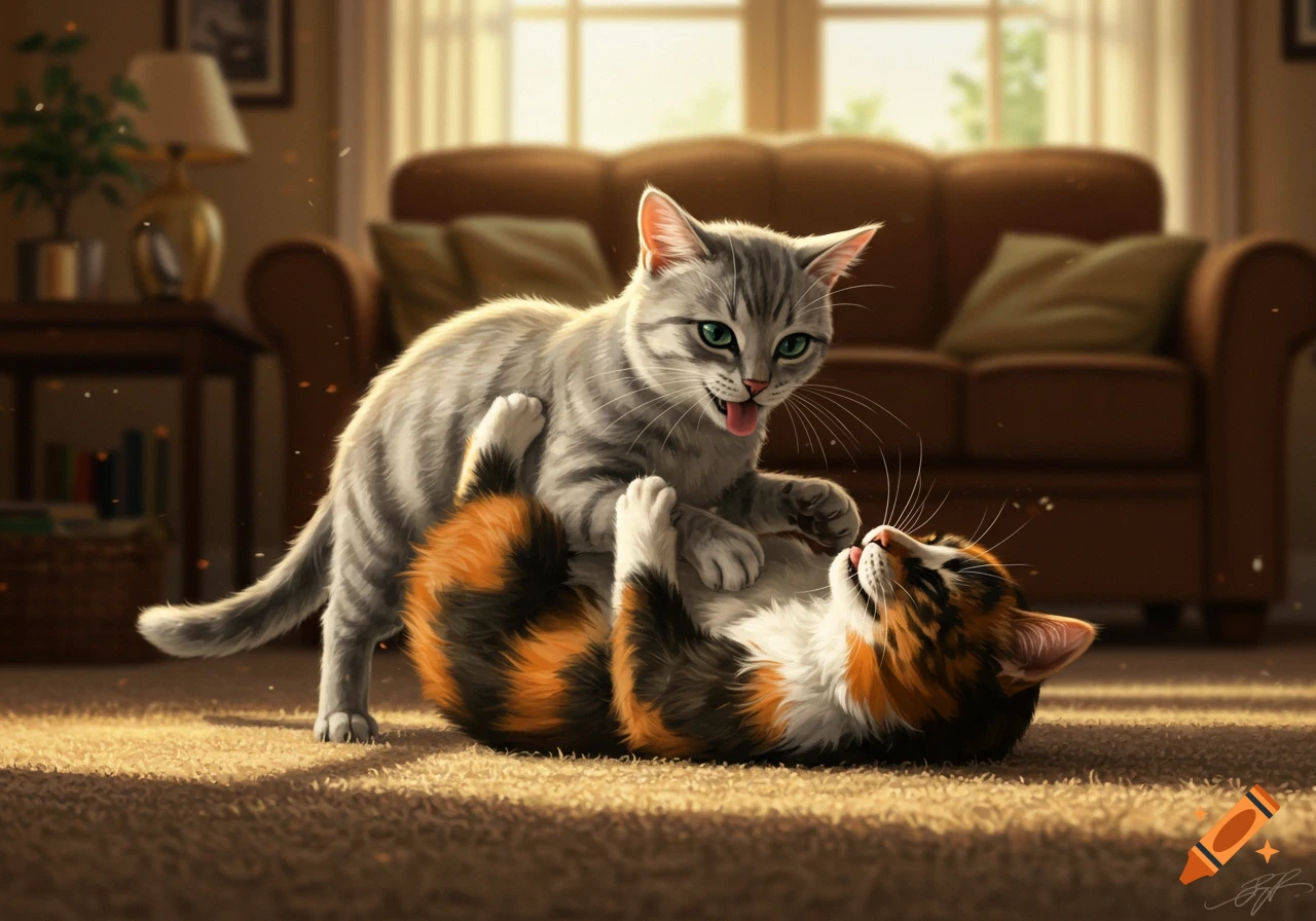 Two cats play fighting on a sunlit carpet, one gray tabby pinning down a calico cat with its tongue out.