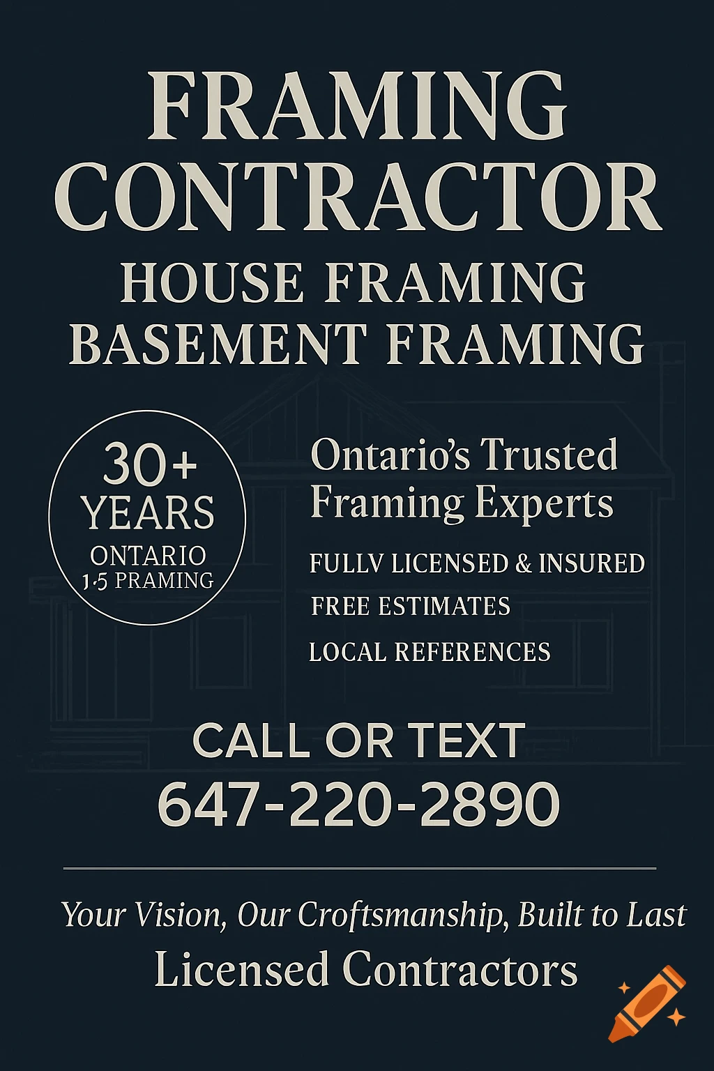 An advertisement for a framing contractor on a dark background with white text, detailing services, experience, and contact information.