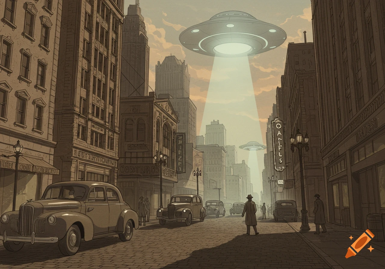 A 1940s cityscape with classic cars and people on a street, as multiple UFOs hover above emitting light beams, in a vintage drawing style.