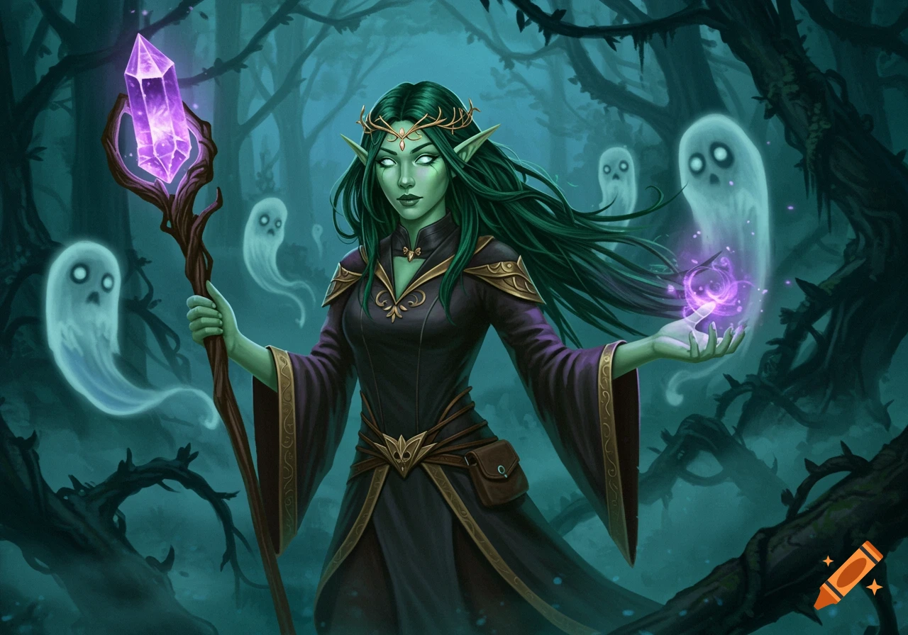 A female elf necromancer with green skin and hair, holding a glowing staff, stands in a dark forest surrounded by white ghosts.