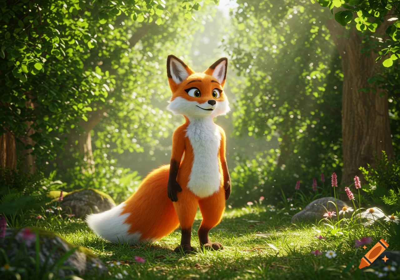 A 3D CGI rendering of a cute anthropomorphic cartoon female fox with a relaxed smile in a sunny forest.