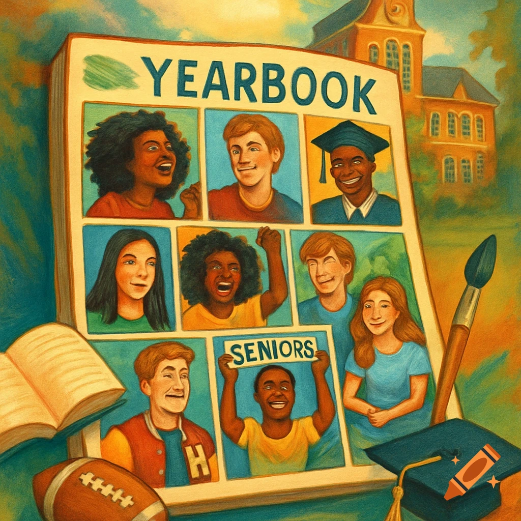 Painted illustration of a school yearbook open to student portraits, featuring "YEARBOOK" and "SENIORS" text, with a school building, football, and paintbrush.
