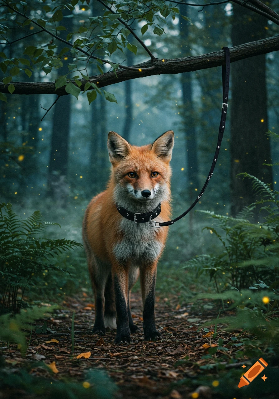 A reddish-orange fox wearing a black dog collar and leash stands on a forest path with glowing particles in the misty background.