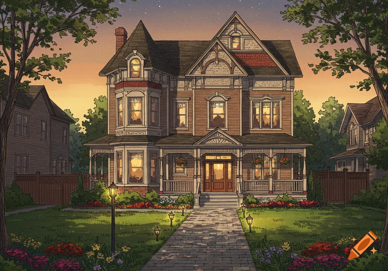 Detailed drawing of a large Victorian-style house with a porch and garden at sunset.
