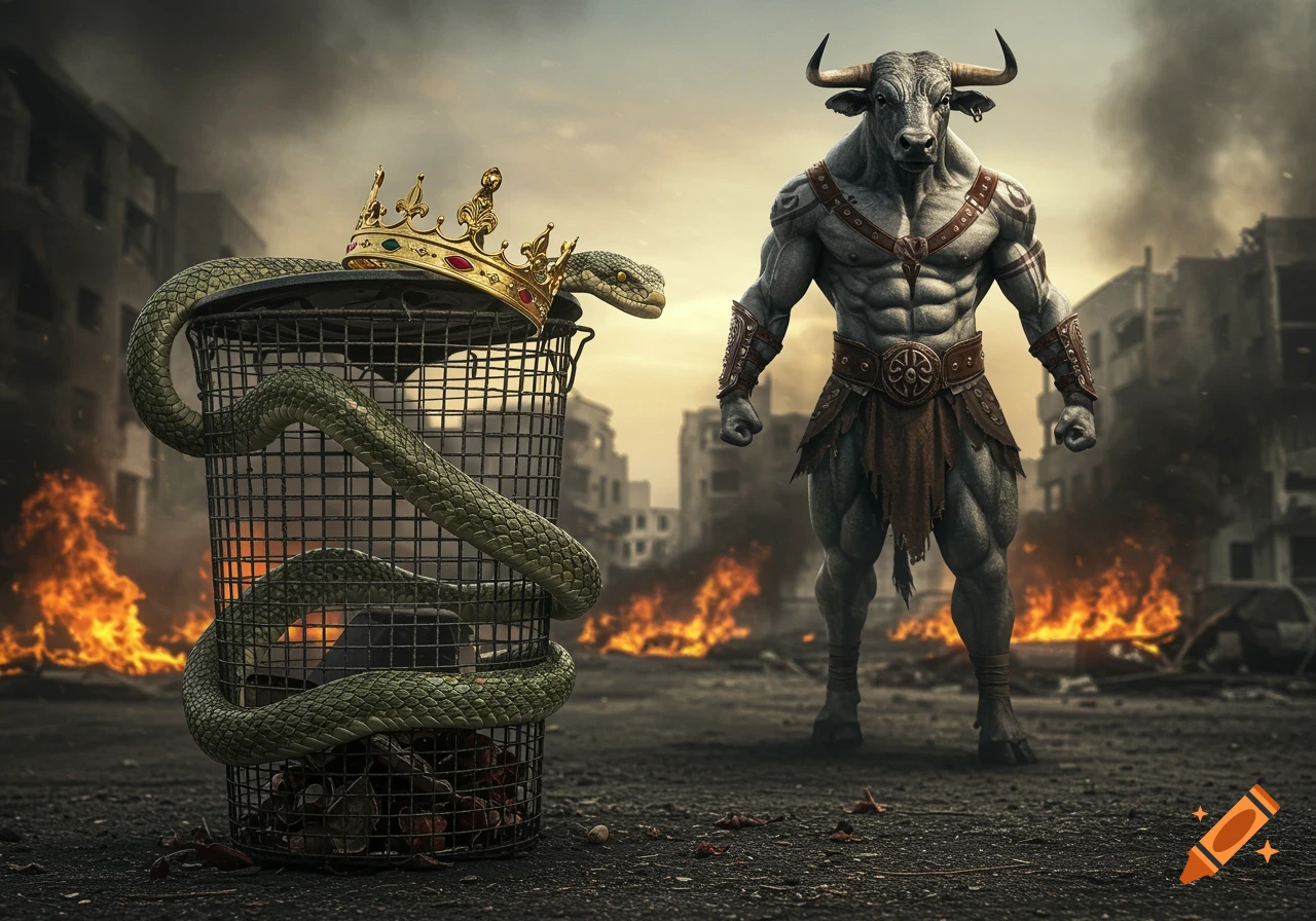A muscular grey minotaur stands in a burning, crumbling city as a snake with a golden crown slithers around a wire trash bin.
