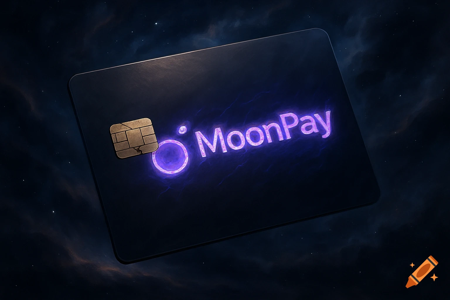A black credit card with a glowing purple 'MoonPay' logo and a gold chip, set against a starry cosmic background.