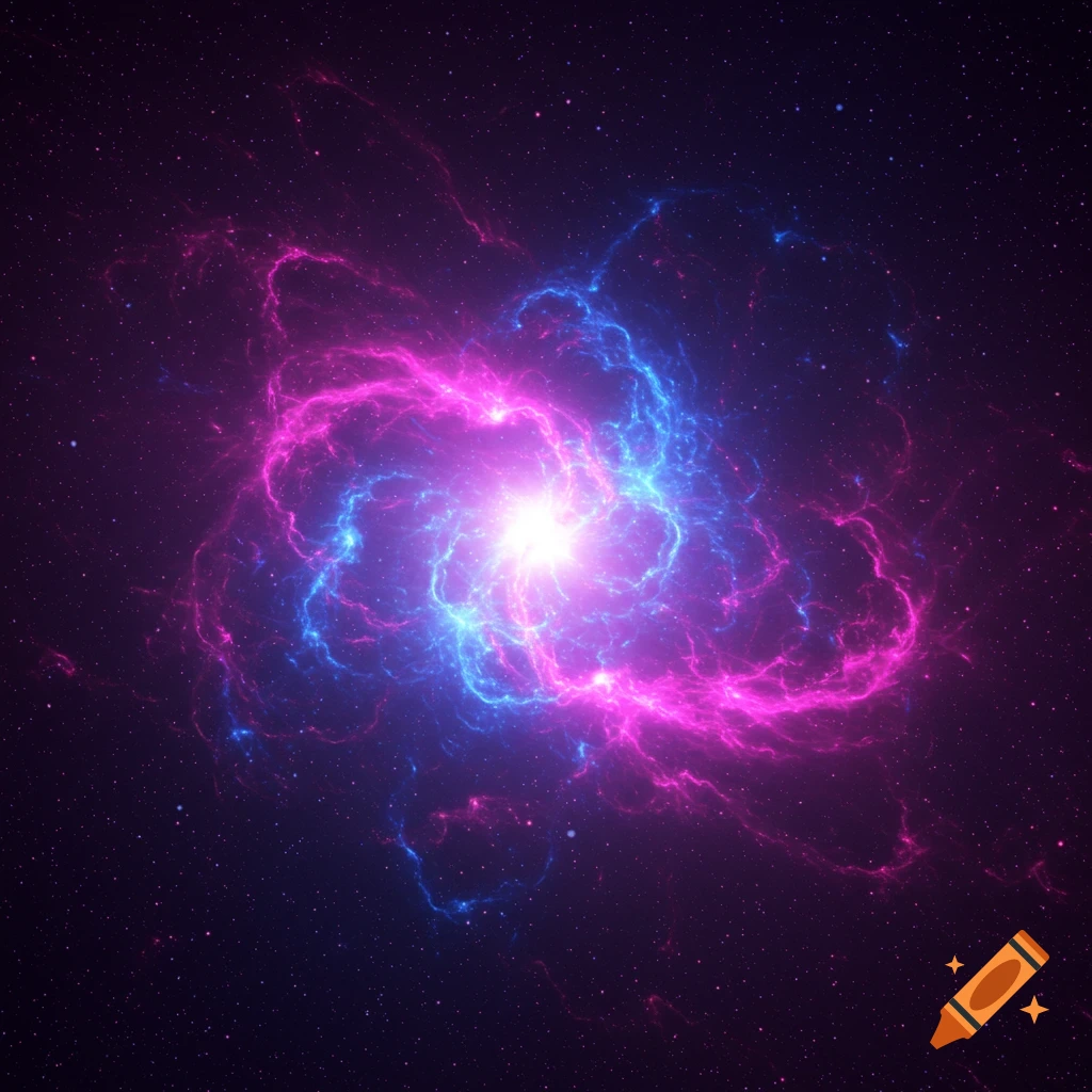 A vibrant nebula in space with swirling pink and blue gas, emitting a bright white light against a starry dark background.