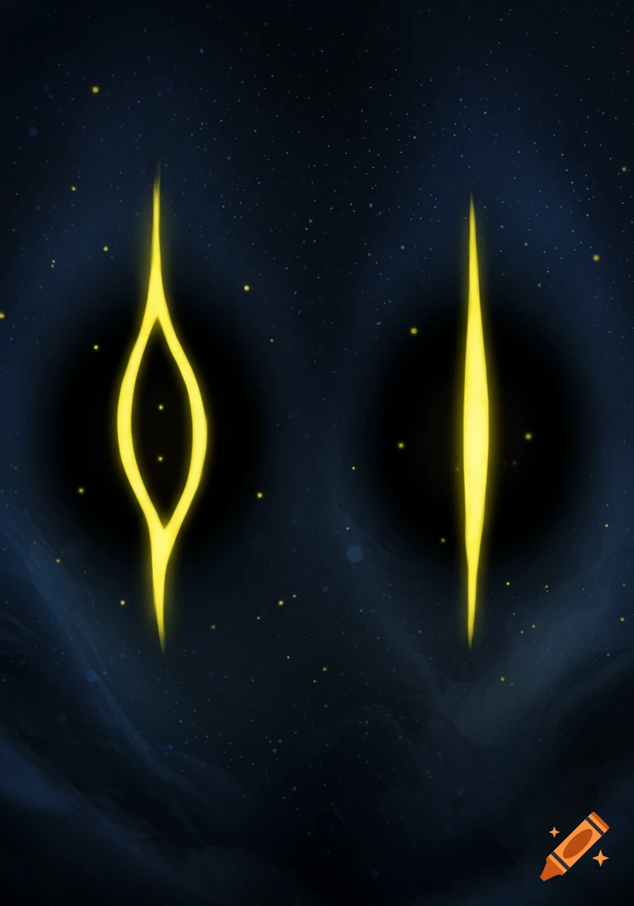 Two stylized glowing yellow eye shapes on a dark, starry background.