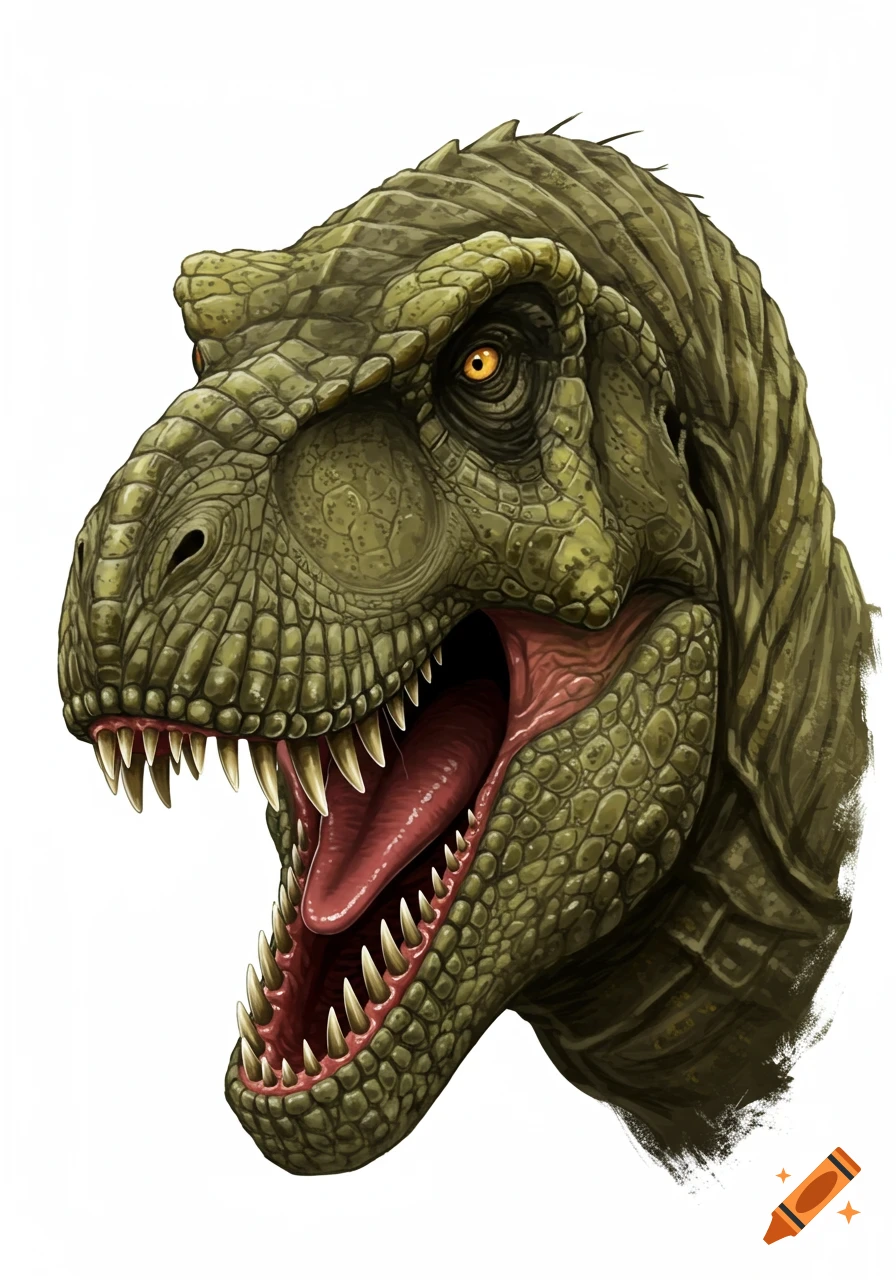 A detailed illustration of a Tyrannosaurus Rex head with an open mouth, sharp teeth, and fierce yellow eyes.