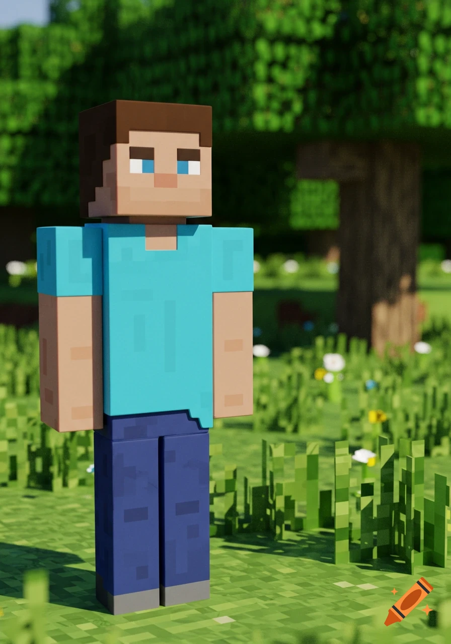 Minecraft character Steve stands in a blocky green field with trees in the background, in a 3D pixel art style.